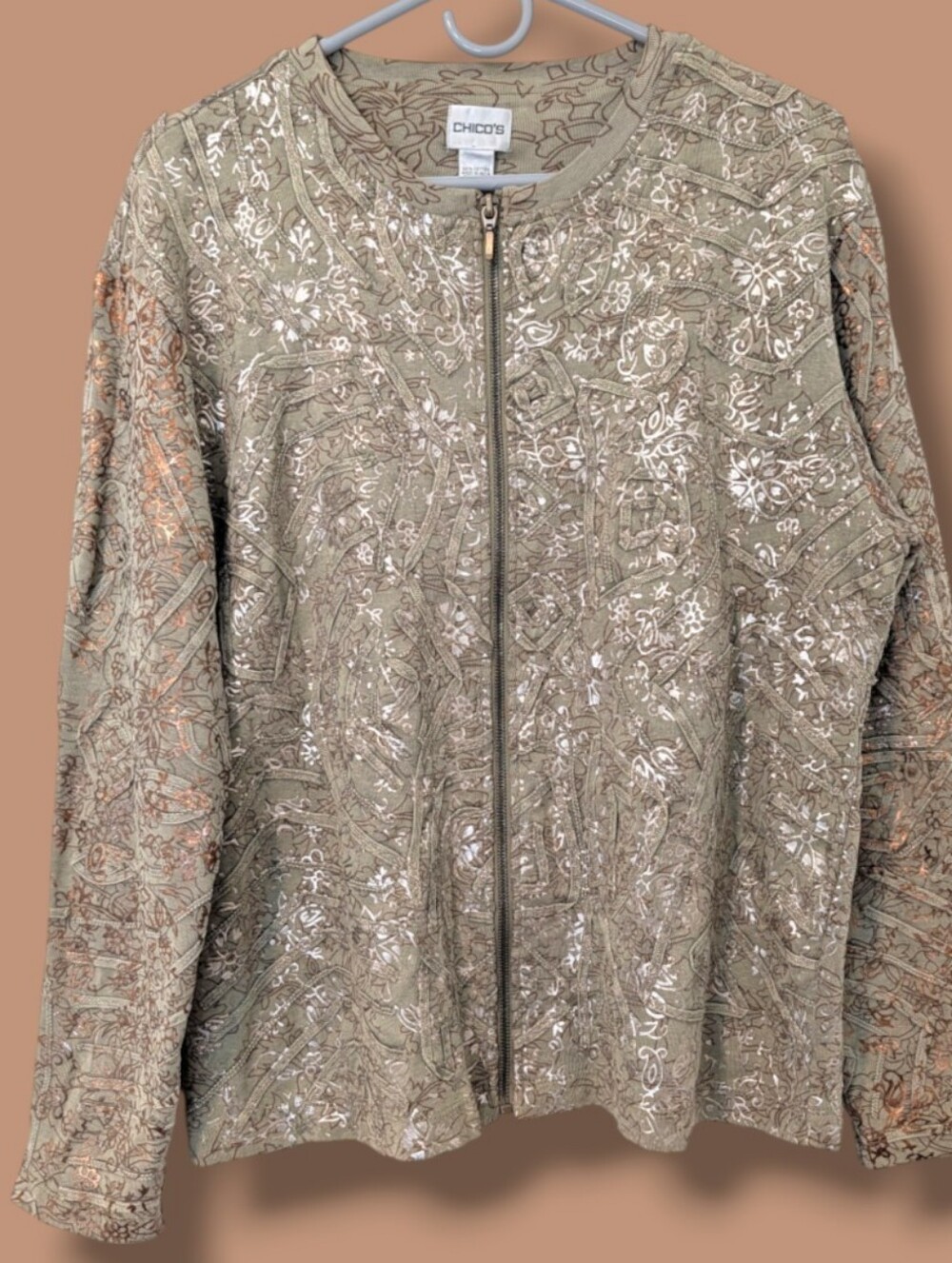 Chico's Sage Green Metallic Textured Abstract Long Sleeve Full Zip Jacket LG